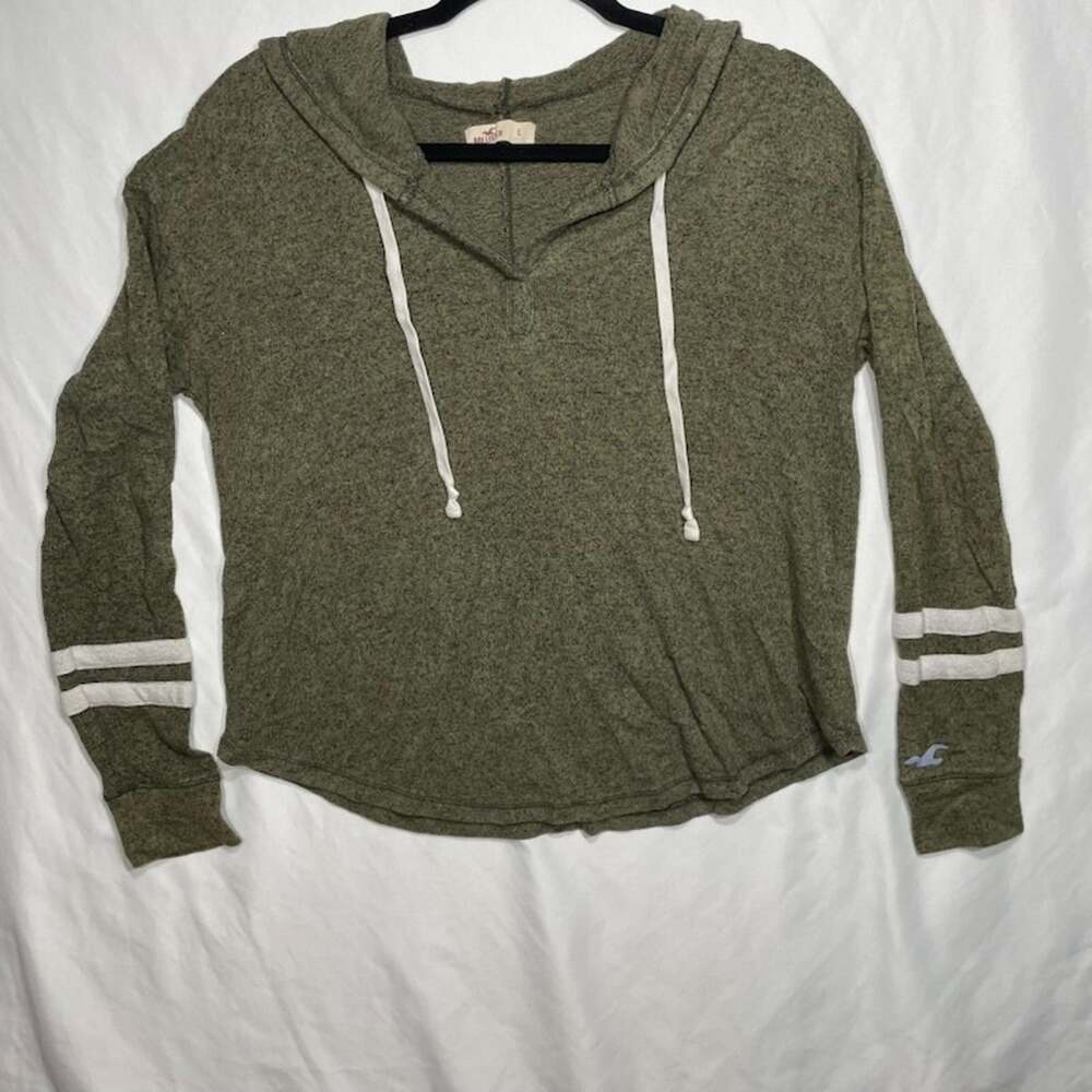 Hollister Womens Rugby Style Hoodie Hacci Knit Lightweight Pullover XL Olive